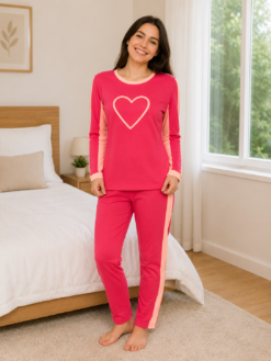 Pijama Feminino Longo Moletom Duas Cores com Estampa de coração