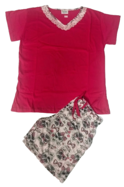 Pijama Feminino Manga curta Algodão estampado com renda