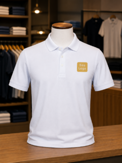 Camiseta Polo Unissex Manga curta Piquet Branco Puro Algodão com Bordado e 3 botões