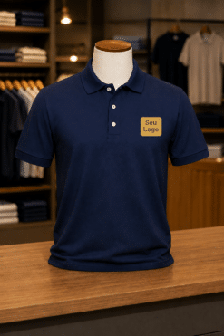 Camiseta Polo Unissex Manga curta Piquet Marinho Puro Algodão com Bordado e 3 botões