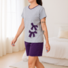 Pijama Feminino Manga curta Algodão Bicolor com Patchwork de Laço