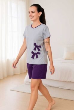 Pijama Feminino Manga curta Algodão Bicolor com Patchwork de Laço