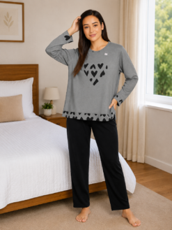 Pijama Feminino Longo Algodão com Estampa de Coração