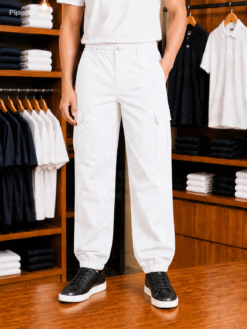 Calça Cargo Masculina Longa Brim Branca com elástico