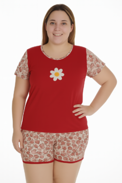 Pijama Feminino Manga curta Algodão estampado com renda