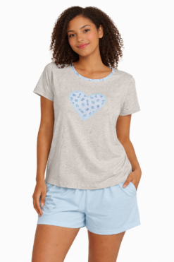 Pijama Feminino Manga curta Algodão Com estampa dupla de coração