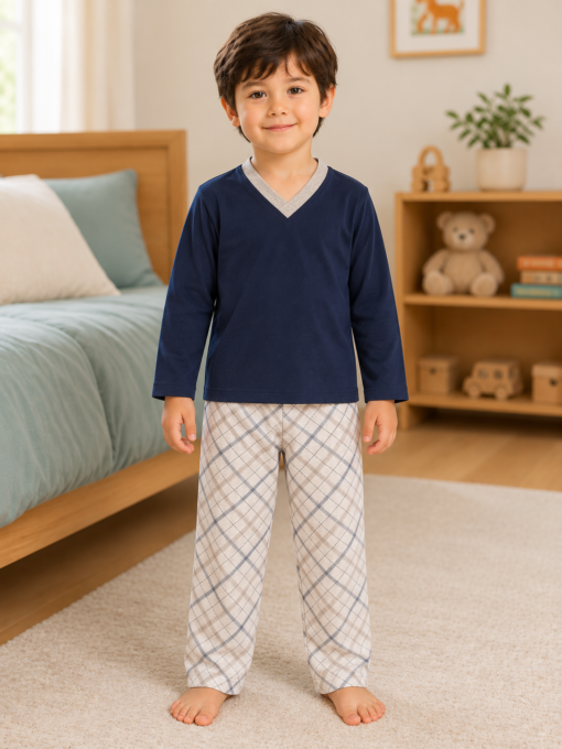 Pijama longo para meninos em algodão, com gola v — Azul céu — foto A