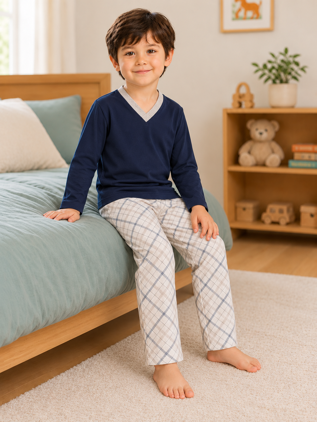 Pijama longo para meninos em algodão, com gola v — Azul céu — foto B