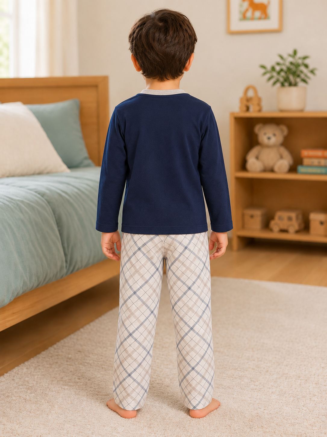 Pijama longo para meninos em algodão, com gola v — Azul céu — foto C