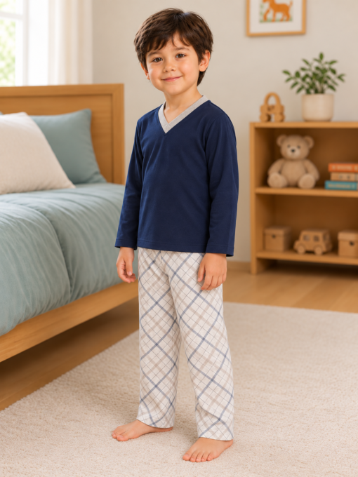 Pijama longo para meninos em algodão, com gola v — Azul céu — foto D