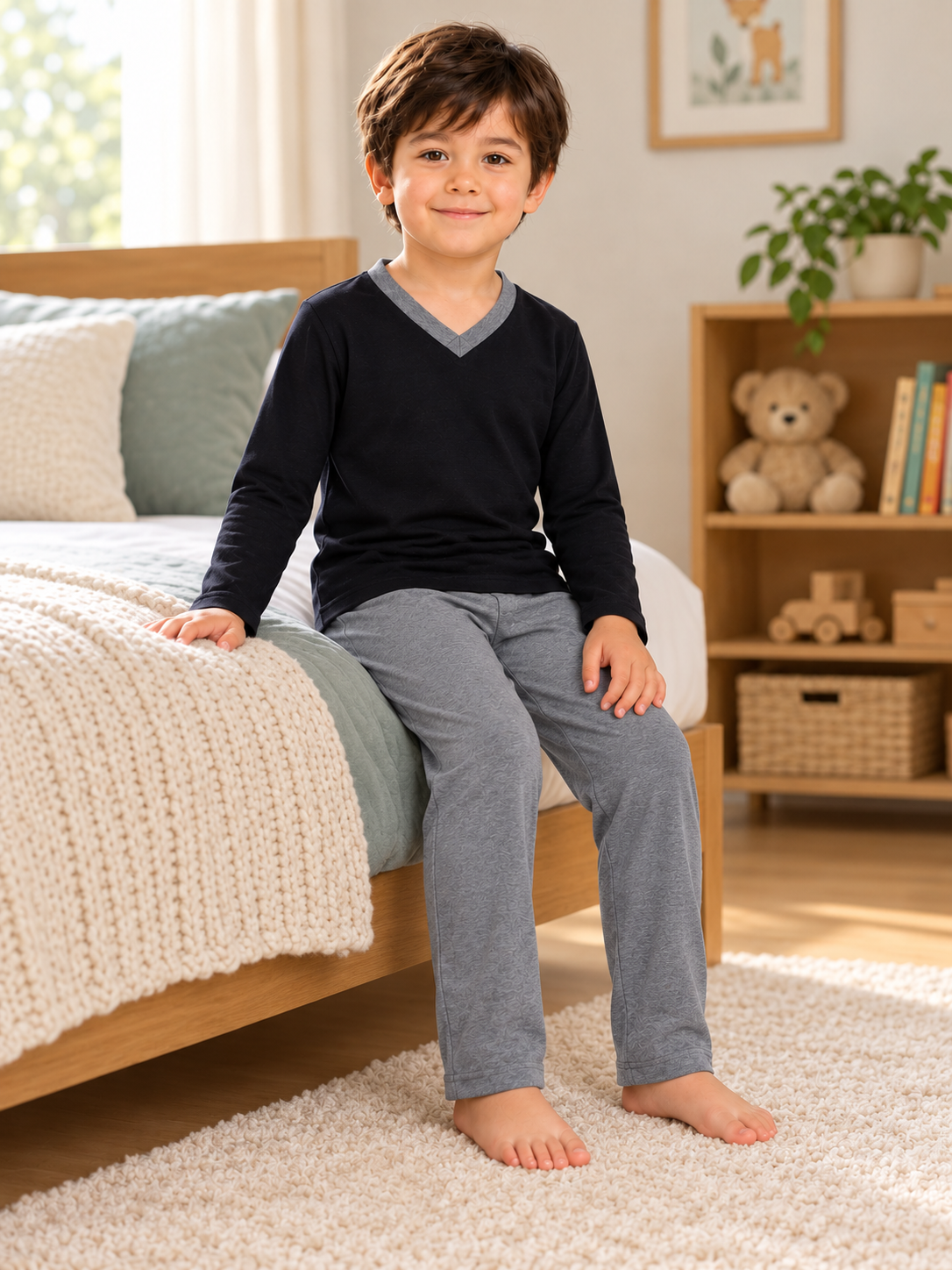 Pijama longo para meninos em algodão, com gola v — Marinho com azul — foto B