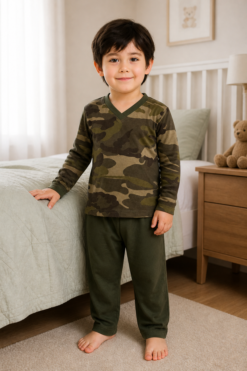 Pijama longo para meninos em algodão, com gola v — Verde — foto A
