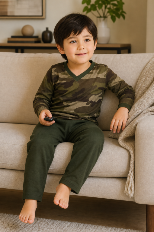 Pijama longo para meninos em algodão, com gola v — Verde — foto B