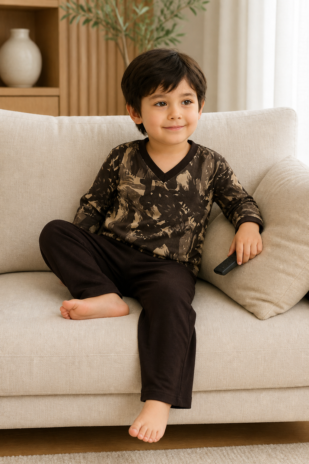 Pijama longo para meninos em algodão, com gola v — Marrom — foto B