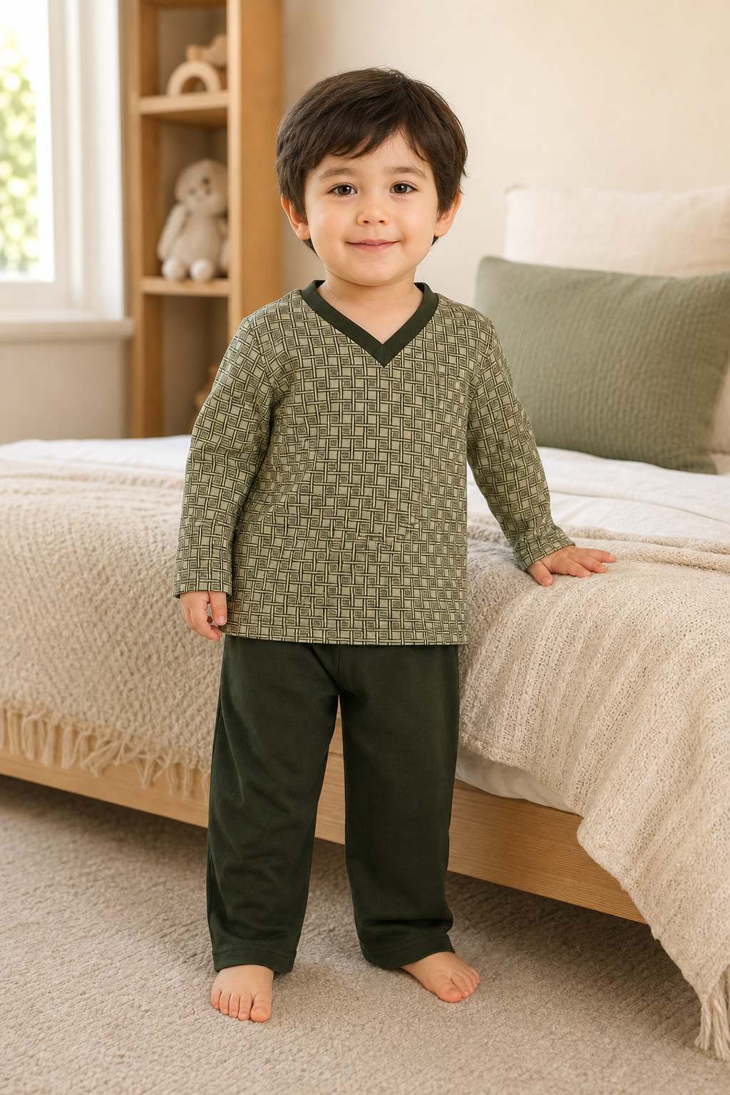 Pijama longo para meninos em algodão, com gola v — Verde oliva estampado — foto A