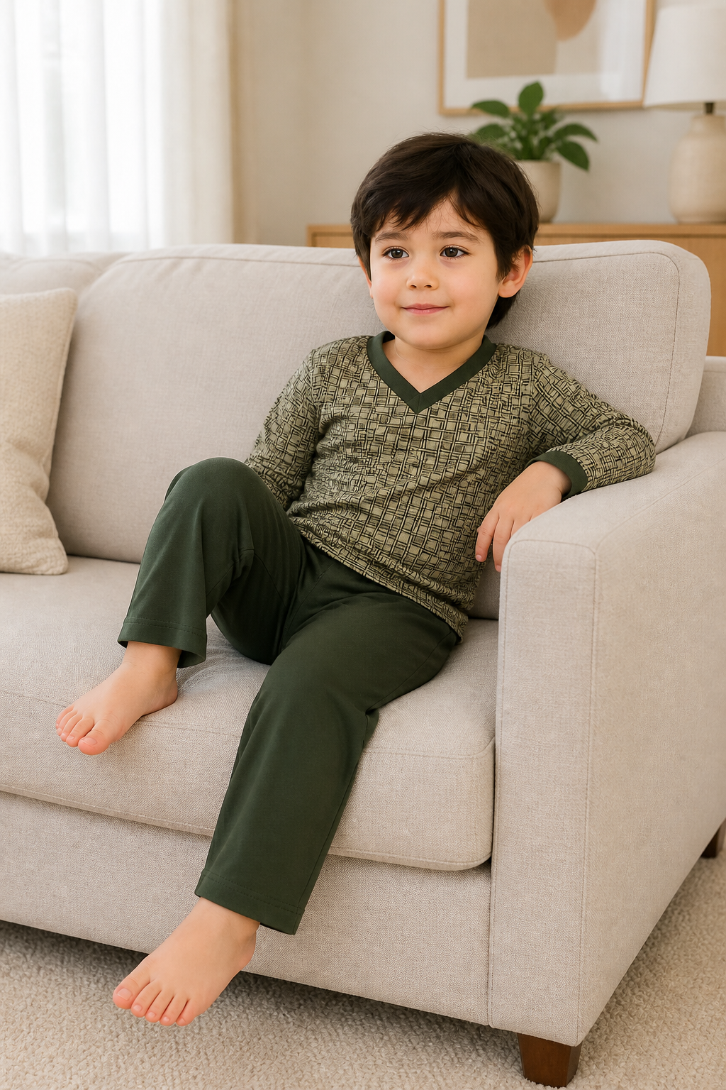 Pijama longo para meninos em algodão, com gola v — Verde oliva estampado — foto B