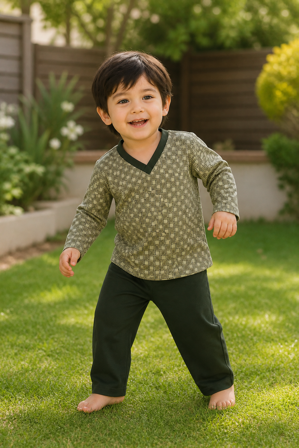 Pijama longo para meninos em algodão, com gola v — Verde oliva estampado — foto D