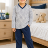 Pijama longo para meninos em algodão, com gola v — Marinho estampado — foto A