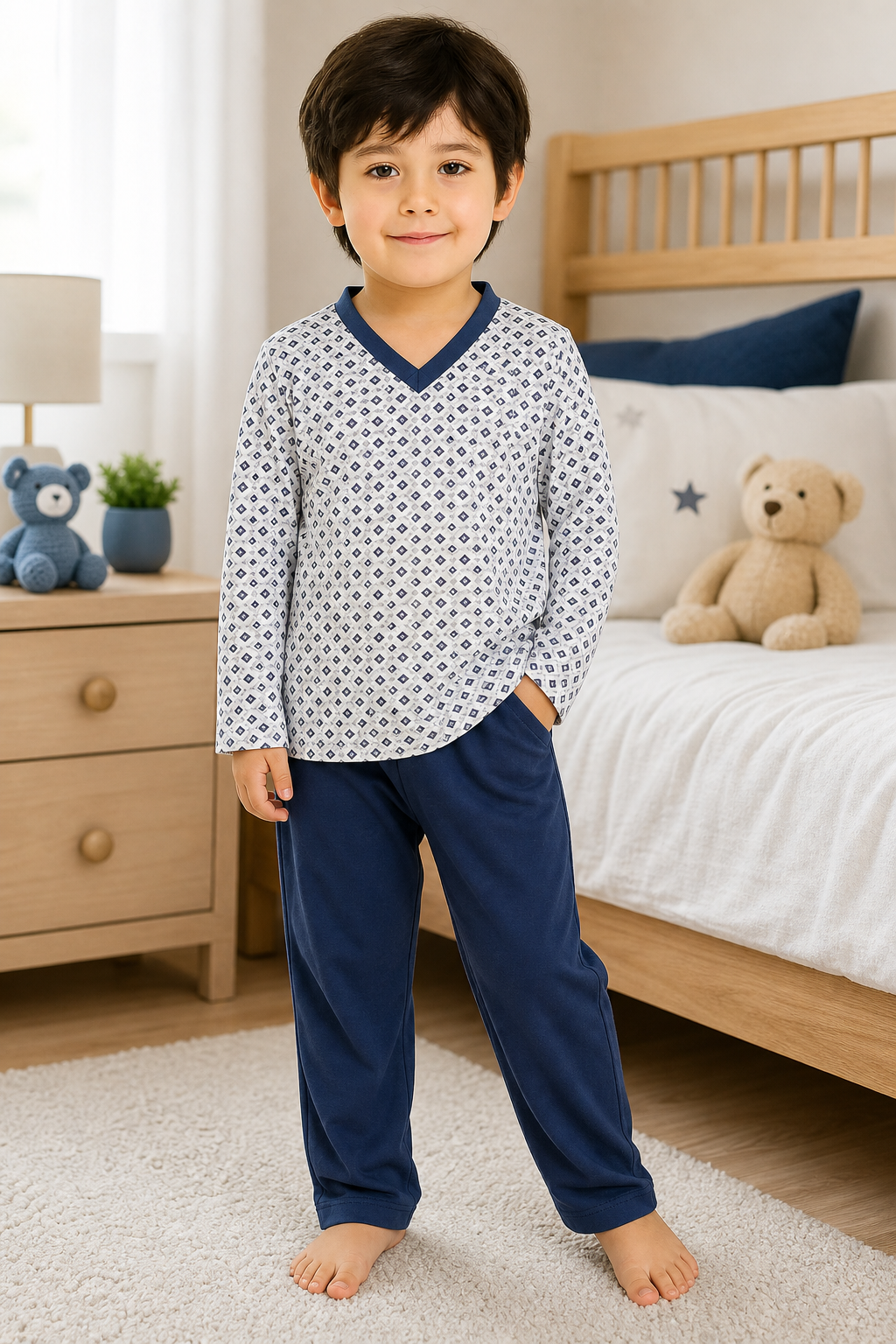 Pijama longo para meninos em algodão, com gola v — Marinho estampado — foto A