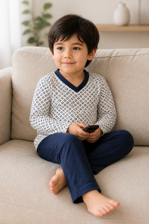 Pijama longo para meninos em algodão, com gola v — Marinho estampado — foto B