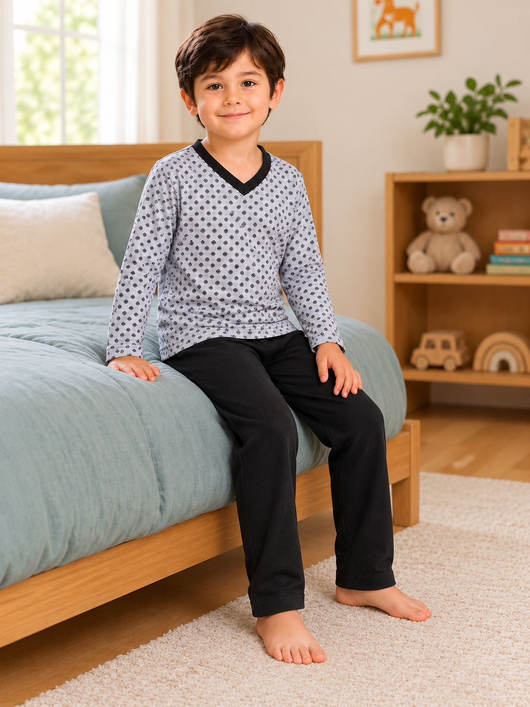 Pijama longo para meninos em algodão, com gola v — Preto — foto B