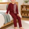 Pijama longo para meninos em algodão, com gola v — Vinho — foto B