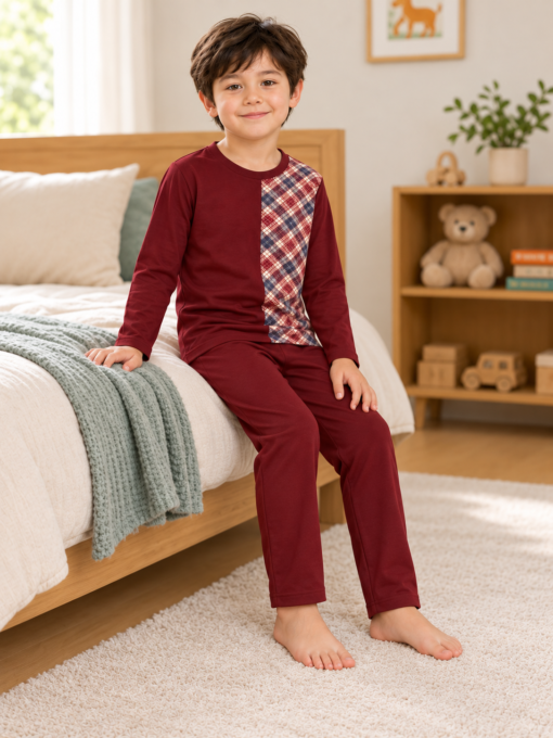 Pijama longo para meninos em algodão, com gola v — Vinho — foto B