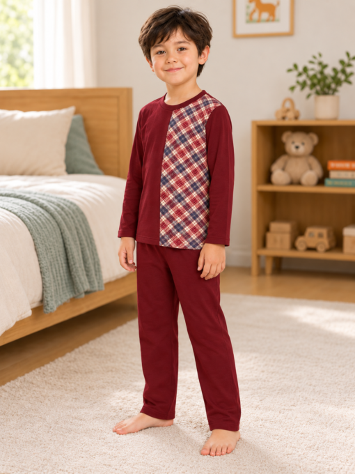 Pijama longo para meninos em algodão, com gola v — Vinho — foto D