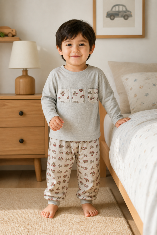 Pijama longo para meninos em algodão, com gola v — Cinza estampado — foto A