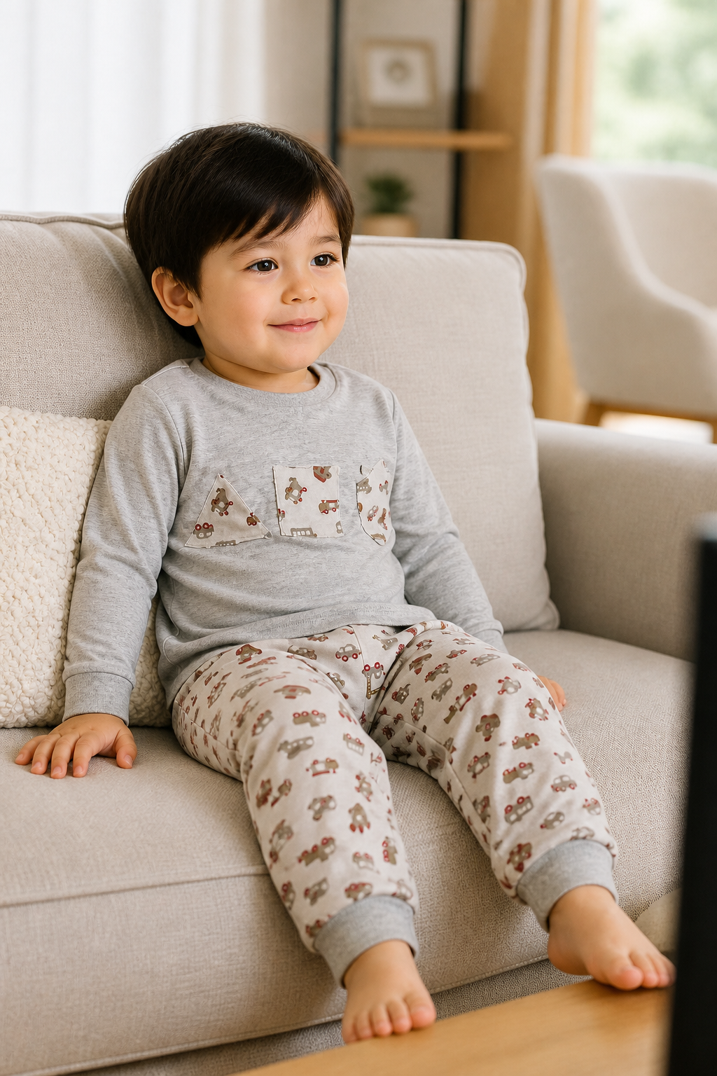 Pijama longo para meninos em algodão, com gola v — Cinza estampado — foto B
