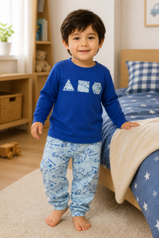 Pijama longo para meninos em algodão, com gola v — Azul — foto A