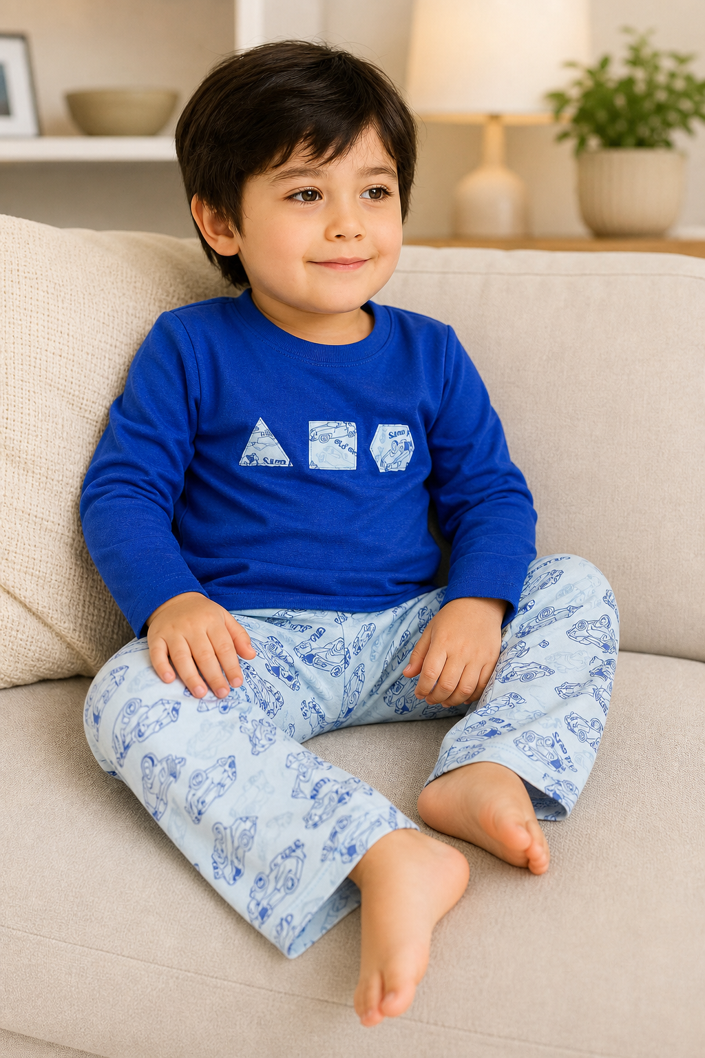 Pijama longo para meninos em algodão, com gola v — Azul — foto B