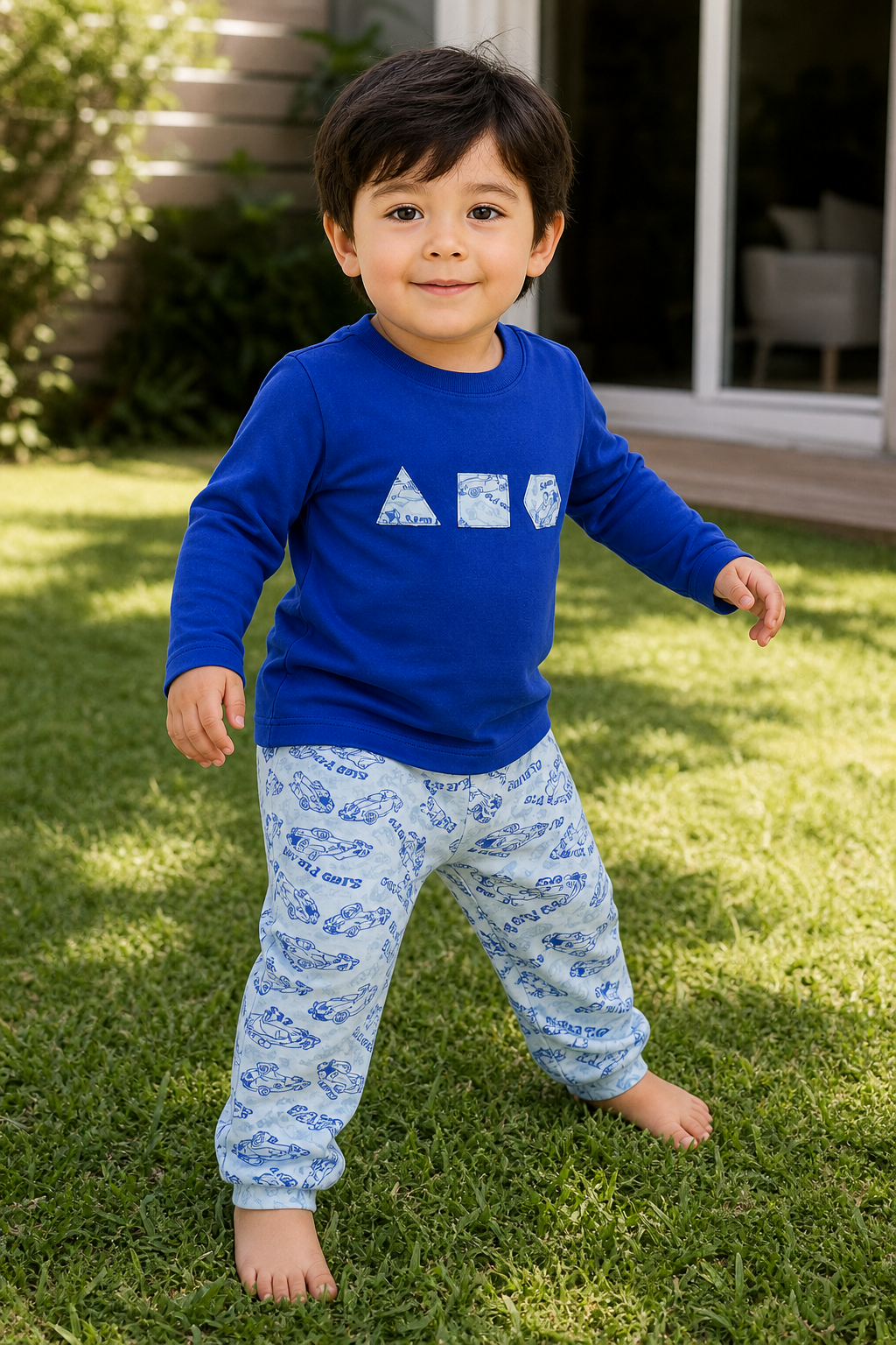 Pijama longo para meninos em algodão, com gola v — Azul — foto D