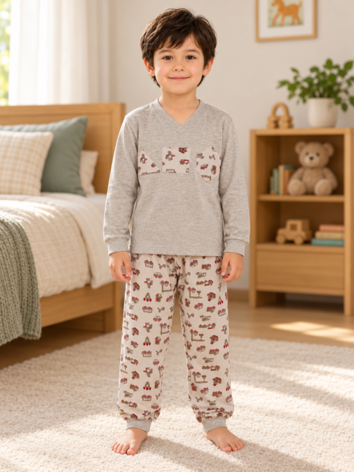 Pijama longo para meninos em algodão, com gola v — Cinza estampado - veículos — foto A
