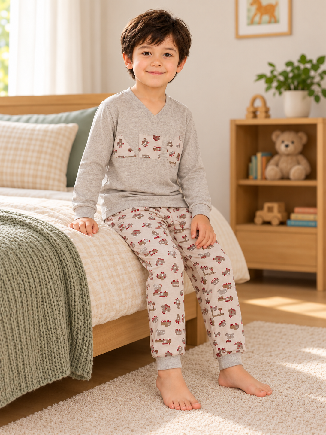 Pijama longo para meninos em algodão, com gola v — Cinza estampado - veículos — foto B