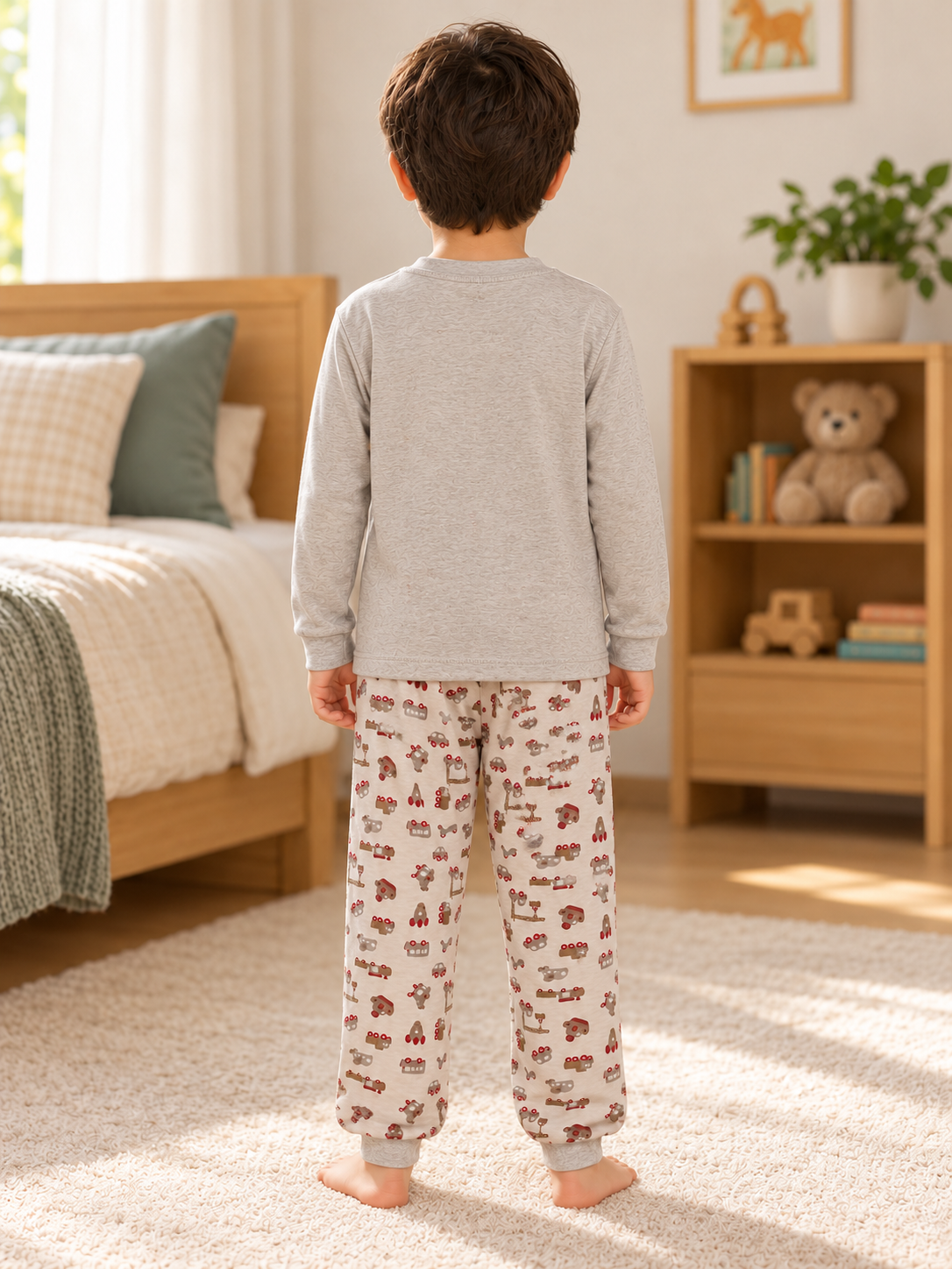 Pijama longo para meninos em algodão, com gola v — Cinza estampado - veículos — foto C