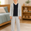 Pijama longo para meninos em algodão, com gola v — Marinho e branco - geométrico — foto A