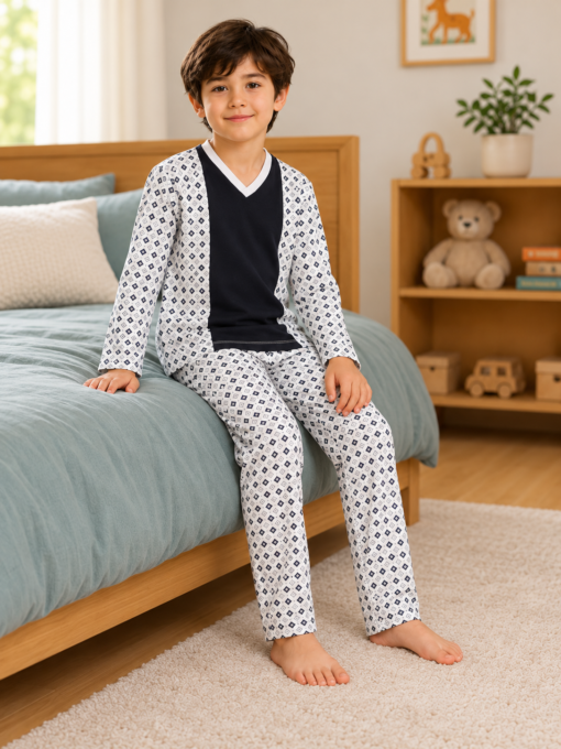 Pijama longo para meninos em algodão, com gola v — Marinho e branco - geométrico — foto B
