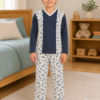 Pijama longo para meninos em algodão, com gola v — Azul petróleo e branco - carros — foto A