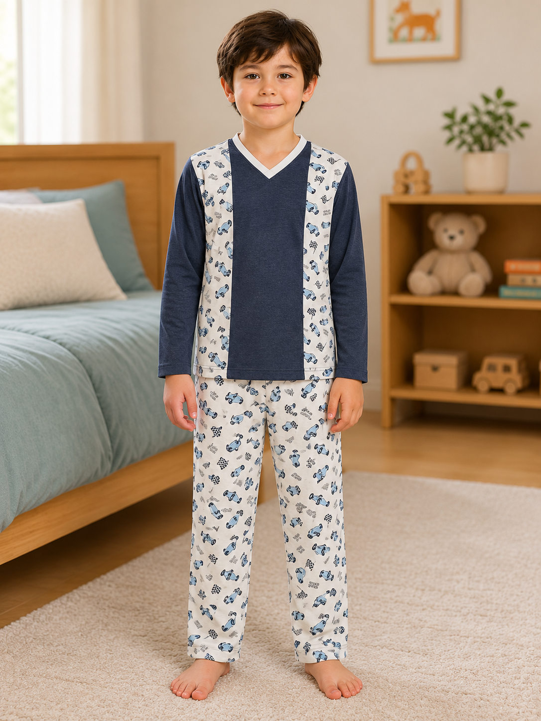 Pijama longo para meninos em algodão, com gola v — Azul petróleo e branco - carros — foto A