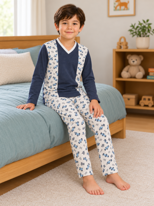 Pijama longo para meninos em algodão, com gola v — Azul petróleo e branco - carros — foto B