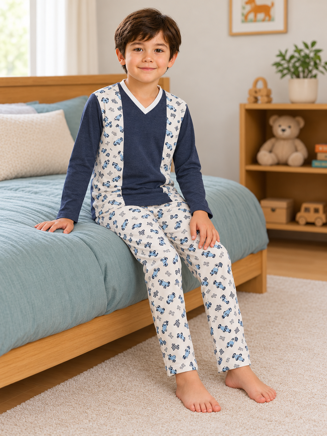 Pijama longo para meninos em algodão, com gola v — Azul petróleo e branco - carros — foto B
