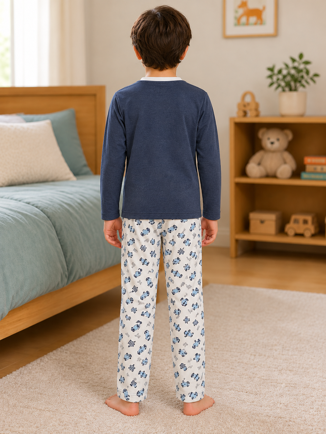 Pijama longo para meninos em algodão, com gola v — Azul petróleo e branco - carros — foto C