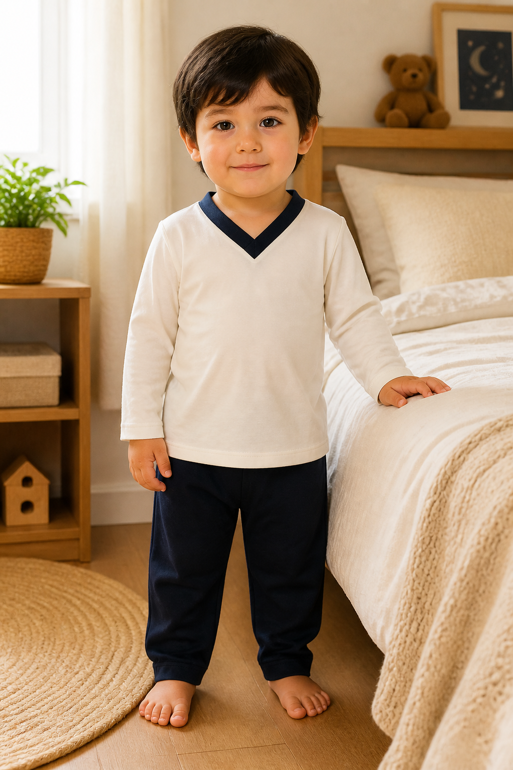 Pijama longo para meninos em algodão, com gola v — Branco — foto A
