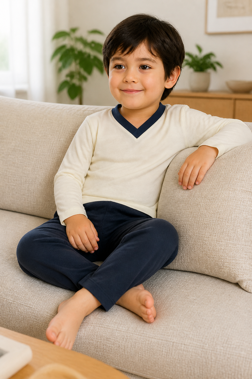 Pijama longo para meninos em algodão, com gola v — Branco — foto B