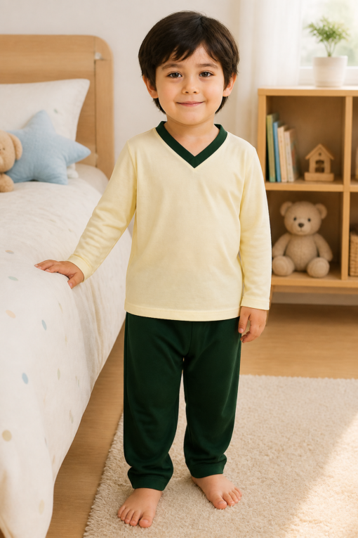 Pijama longo para meninos em algodão, com gola v — Creme — foto A