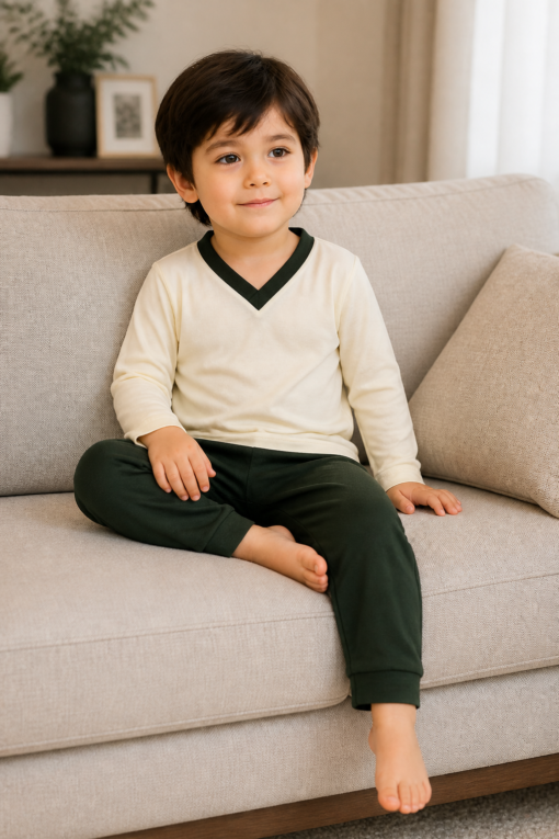 Pijama longo para meninos em algodão, com gola v — Creme — foto B