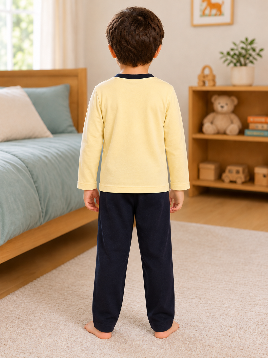 Pijama longo para meninos em algodão, com gola v — Amarelo e marinho — foto C