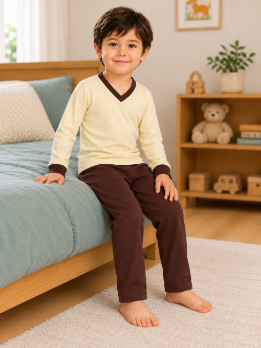 Pijama longo para meninos em algodão, com gola v — Creme e marrom — foto B