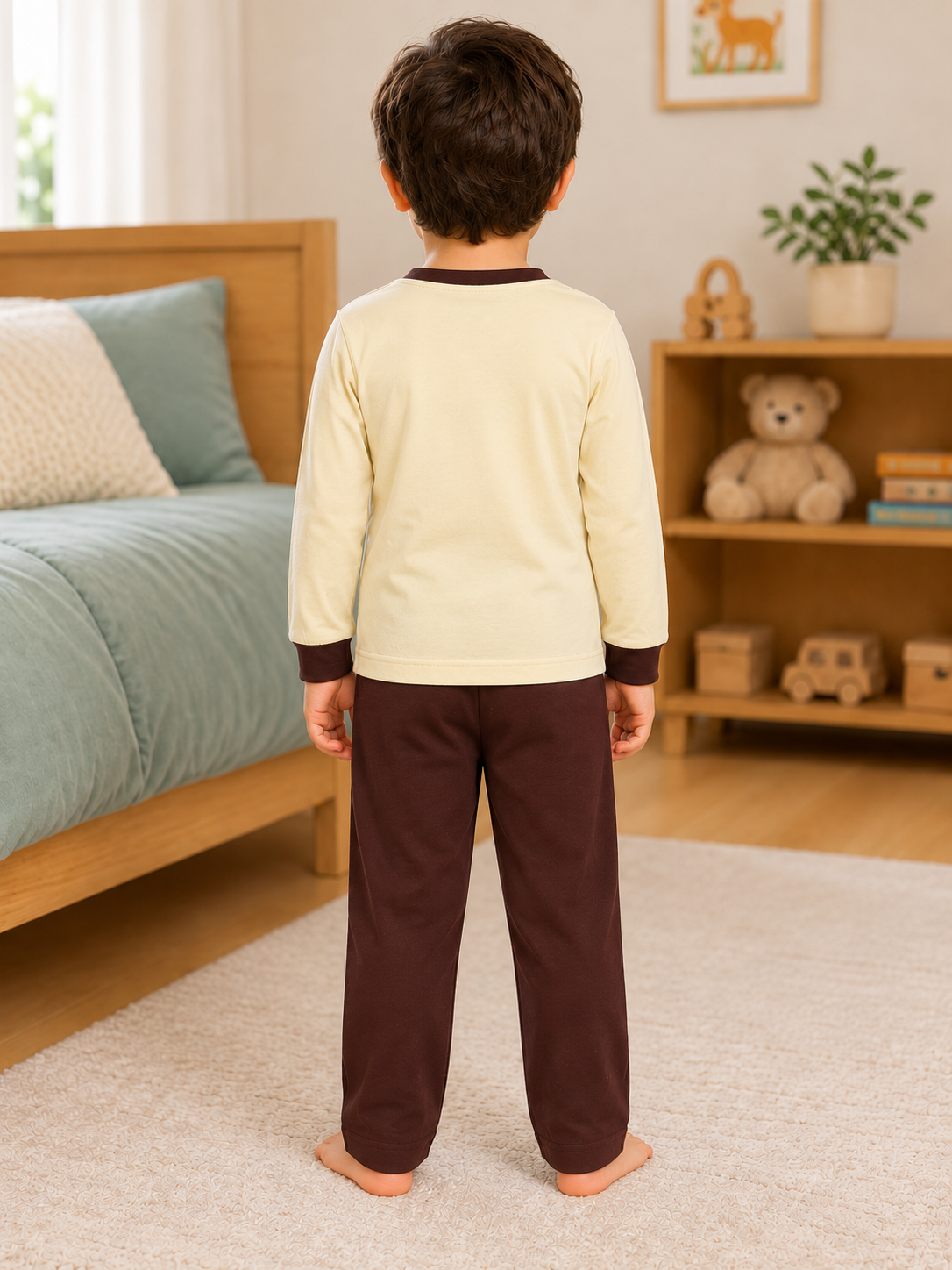 Pijama longo para meninos em algodão, com gola v — Creme e marrom — foto C